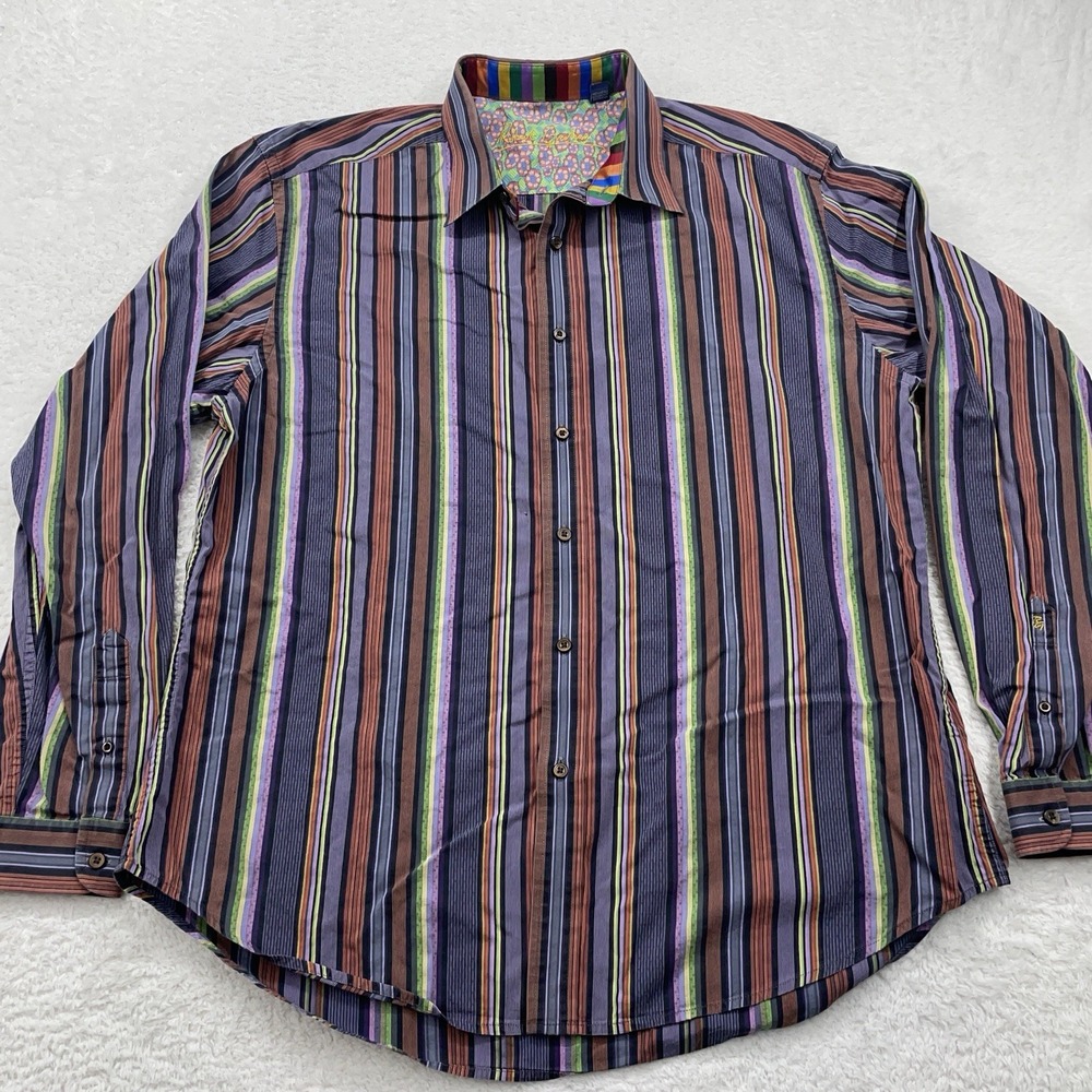 Robert Graham Multicolor Striped Button Up Shirt Purple Colorful Rainbow Mens XL